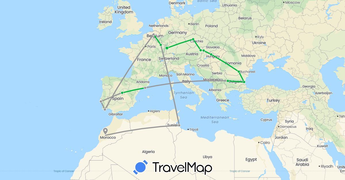 TravelMap itinerary: driving, bus, plane in Austria, Belgium, Bulgaria, Czech Republic, Spain, France, Hungary, Morocco, Portugal, Romania, Slovakia, Tunisia (Africa, Europe)
